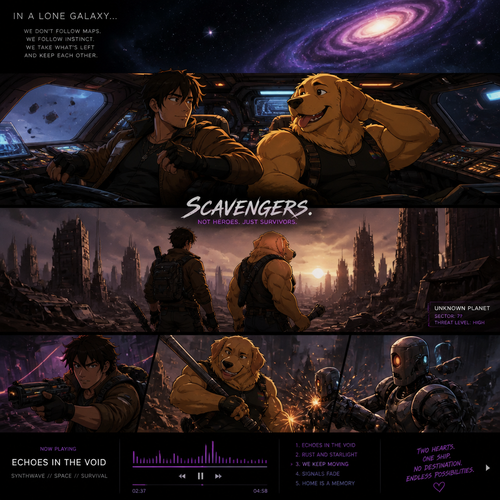 In a lone galaxy, a well-made animated version. In a spaceship, a human pilot/scavenger, and his best friend a thick homosexual anthro gay golden retriever with floppy ears. Both finding themselves on a scavenging hunt and knows how to defend themselves from any threats even some robots. In an abandoned planet at the unknown in a city of ruins. And do better with music.