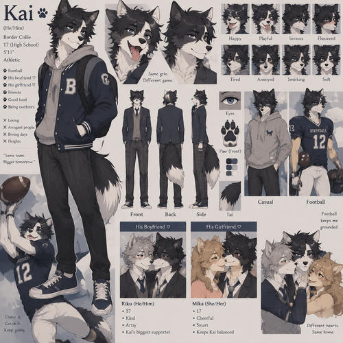 A high school aged male anthropomorphic border collie. He loves playing football. Has a boyfriend and a girlfriend. Anime art style, reference sheet.