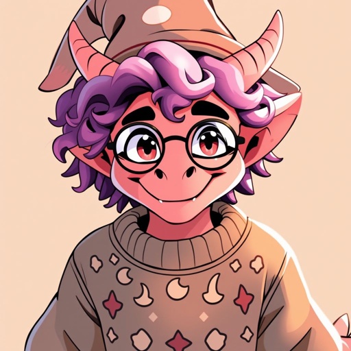 A pink dragon man smiling in 3/4 perspective. He is wearing round glasses, a sweater, and a wizard hat. He has curly purple hair and tiny fangs.