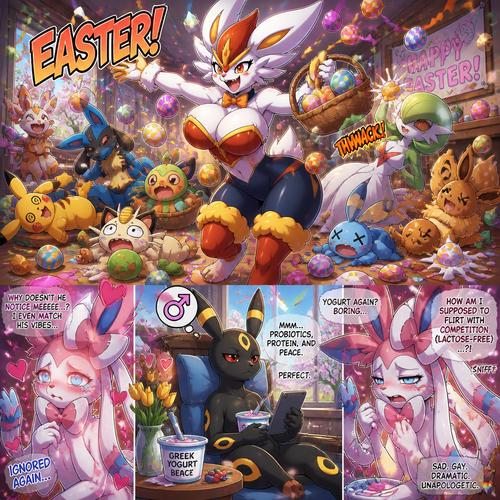 A busty well-made fluffy female Pokemon character, Cinderace. Who celebrates on today’s Easter Day and shouts, EASTER! And wrecking up a place like a crazy party girl while she knocked other Pokemon out on a floor cold by her throwing eggs but A cute but creepy but a gay male Sylveon just as sad and irritating about being ignored by a male Umbreon while eating a healthy yogurt distracted and appreciated. All well-made anthropomorphic characters. Animated verse. A dramatic and funny Spring season.