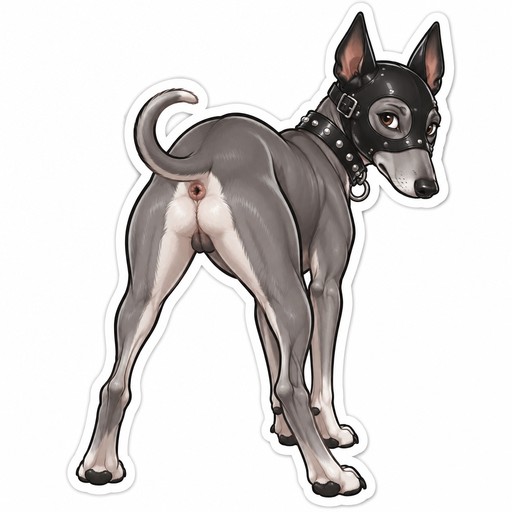 A male grey whippet with a leather studded mask with pointy ears. The pup is showing its behind.
