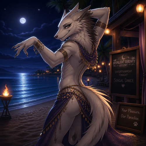 A homosexual adult male Sergal, doing a belly dancer, has good hips and a pretty smile, wears eyeliner, at the beach at night, and works at a resort on the island. Giving a flirting look. In an animated verse. A hidden bulge. Side view.