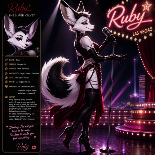 A well-made Black/white furred fennec Fox male named Ruby, wears something attractive for entertainment for a show by self to dance/sing. Wears eyeliner and lipstick. Has a bushy tail. A grown femboy anthro. A star in Las Vegas. Well groomed. Side view. Animated verse. Has good personality. Being a super velvet.