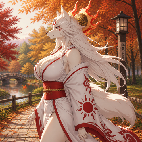 Amaterasu (a well-made busty anthro female character) was wearing a robe and taking a walk on an autumn park. Anime version. Side view.