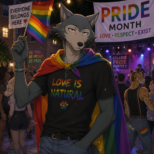 Legoshi the grown Wolf is celebrating at today’s pride month at the college party.