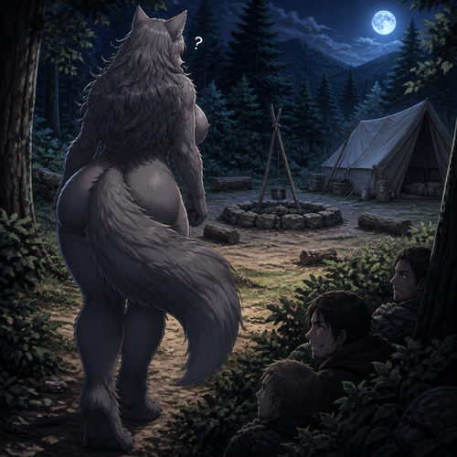 A well-made adult female character a harmless Werewolf. Anime version. In the wilderness. Sees nothing in the camp (while 3 men hiding and one likes what see) and curious. Big and fluffy. Backshot.