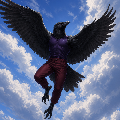 Anthropomorphic Crow wearing dark crimson pants and dark violet sleeveless shirt. Wings spread out wide behind him as he is flying up in the sky. Solo full body