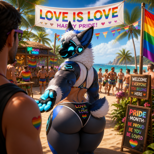 A well-made homosexual fluffy gay Protogen adult male that wears a swimsuit and has thick thighs and a big round buttocks also has a short tail who’s invited a man into a party at the beach and has both nice views where love is love in pride month.
