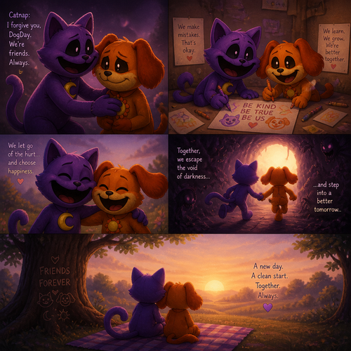 In a smiling critters verse, Catnap forgives DogDay, spending time together, learn from mistakes and forget, Escape the void of darkness, sits down on a blanket by the tree, and at the dawn shown.