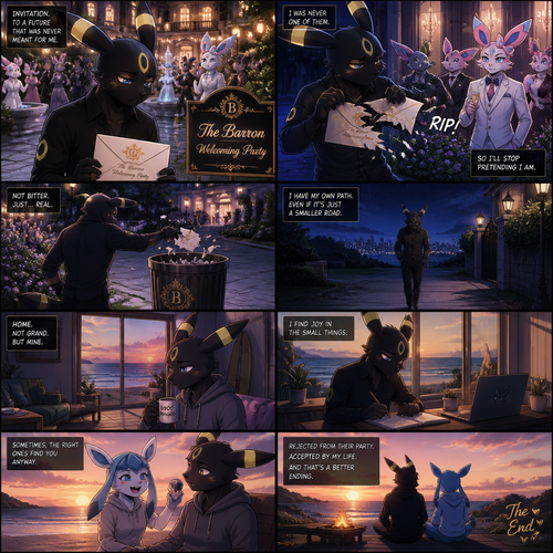 A non-rich grown Umbreon male reject and ripped the envelope and toss it to a trash can of a billionaire Sulveon’s (the Barron) welcoming party at the gardening city mansion at home. Lives on a small modern house at the beach. Well-made animated version. A sad/good ending. A anthropomorphic verse.