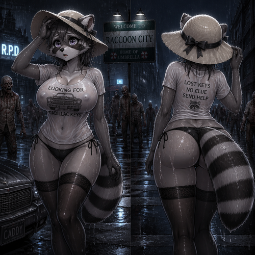A well-made adult female raccoon character with a shirt on that has thigh highs and boobs who’s looking for something like a car keys for a caddy also wears a sun hat. Anime version. At the Raccoon city and didn’t realize there’s zombies around. Front/Backshot view. All wet in a rain at night.