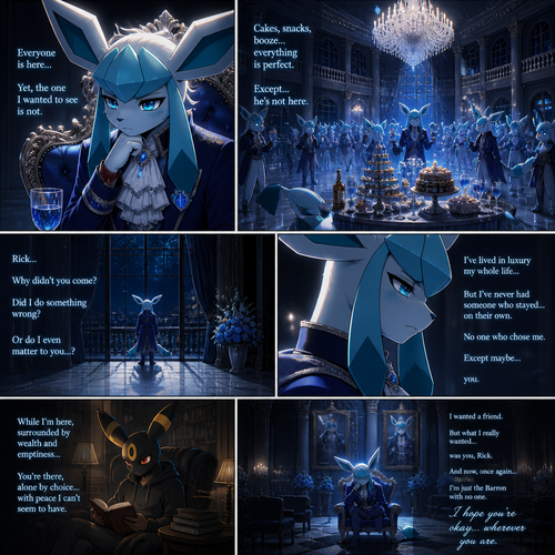 A very wealthy Glaceon (the male Barron) that wonders about a non-rich grown Umbreon male character (named Rick) who’s not coming and stayed at home reading while not around in his welcoming party. There were cakes and snacks also booze on each table. A well-animated version. All Glaceons. Inside the mansion. Has no real friends. Deep grief and loneliness. Wanted to see Rick. Too dramatic and serious.
