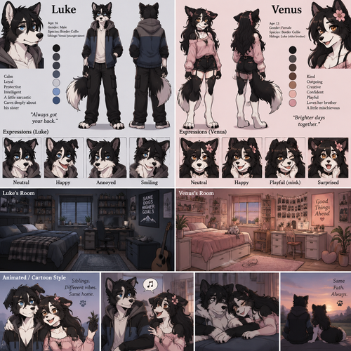 A male anthropomorphic border collie named Luke that is 16 years old and a beautiful female anthropomorphic border collie named Venus that is 13 years old, Venus and Luke are siblings, Luke has blue eyes and Venus has amber eyes, Venus and Luke have separate rooms, reference sheet, animated version