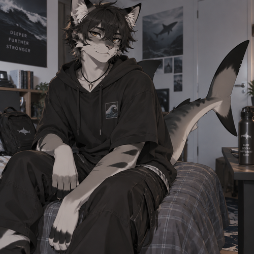 A teenage male anthropomorphic cat and black tip shark hybrid 