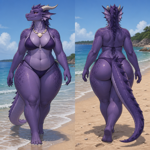 An adult furry Dragan gal that wears a sea shells necklace and wears a swimsuit on also has thick thighs just walking free time at the beach alone. Front/back view.