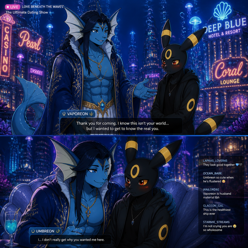 In a dating reality show on live, a very wealthy loving grown gay Vaporeon (a original male character) with buff body and dark long hair color that wears a robe (like a guardian of a deep blue sea) who invited a non-rich anthro grown Umbreon male that blush a little and doesn’t want to be here and wonder why. A well-made animated version. In the city underwater that looks like Las Vegas. A modern life. gentle and kind. 