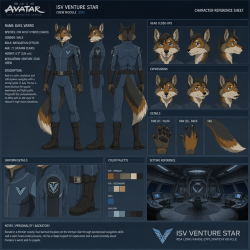 A male anthropomorphic fox wolf hybrid in the crew module of the ISV Venture Star from Avatar, animated version, reference sheet 