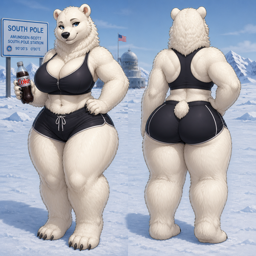 A busty well-made lovely anthro female polar bear that has thick thighs and thick fur who lives in a South Pole with a bottle of diet cola. Front/back view. Animated verse.