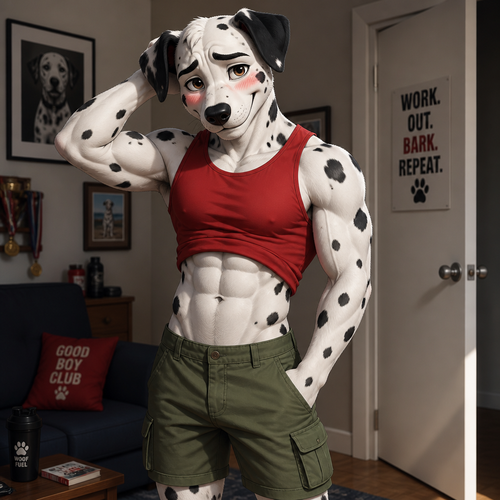 A handsome young male Dalmatian wearing green cargo shorts and a tight red sleeveless shirt. Has a six pack abs, blushing while rubbing the back of his head.