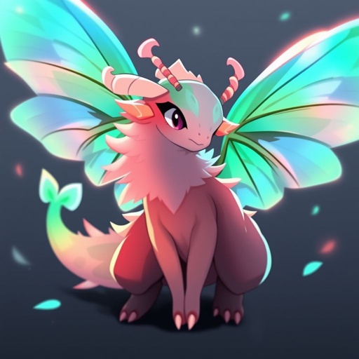 moth dragon, feral, kemono, fluffy, pastel colored, glowing jelly wings, antennae, big eyes, good anatomy, clear image, hi def, Art by Chunie,  2D art, digital art, smooth lines, dynamic pose, full body, fluffy, Cute, long body, plush, Cel shading, anime, male