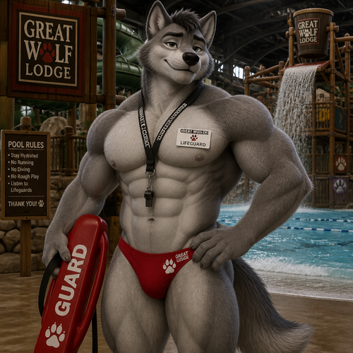 A well-made buff gay grey Wolf male character who works at Great Wolf Lodge the water park as a lifeguard and wears speedos.