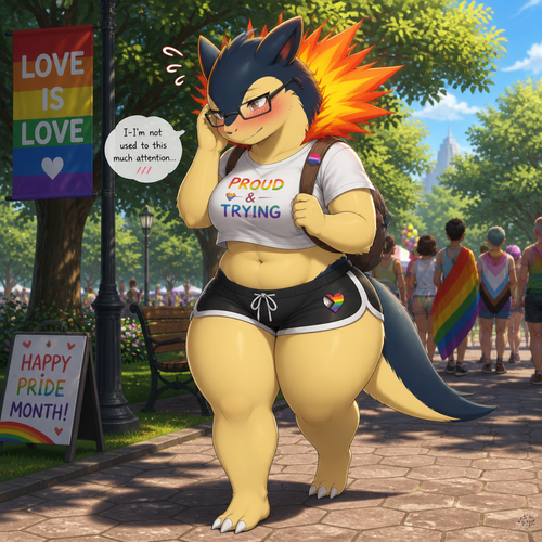 A well-made anthro Pokemon character, Typhlosion. Both blushing and embarrassed while walking around the park on today’s pride month. Wears glasses and has thick thighs.