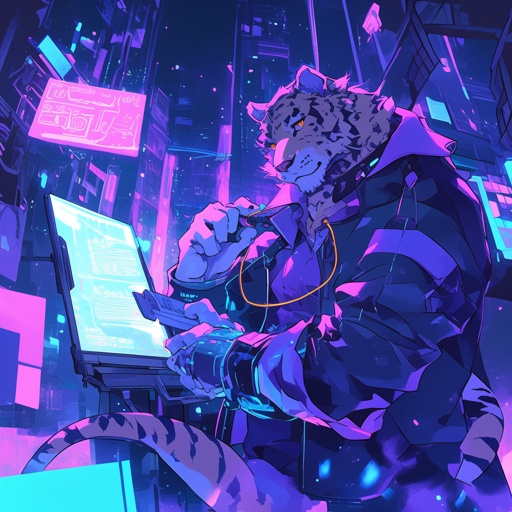 Produce an aesthetic furry art in the cyberpunk genre, depicting a street scene with a neon-illuminated tiger hacker interfacing with holographic displays, against a backdrop of towering megastructures. --niji 6