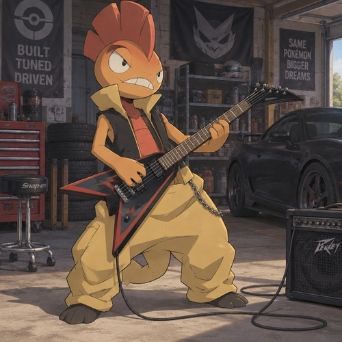 Male Scrafty playing a electric guitar in his car garage. Anime art style, full body.