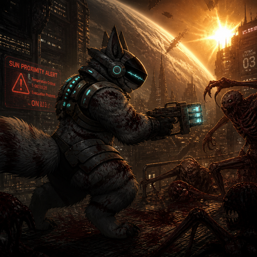 A thick fluffy Protogen in Dead Space universe, carrying a plasma cutter for self defense and fighting for survival in a city in space, close to the planet and near the sun. A well anime version. A sci-fi horror. Side to side view. A Scary art view.