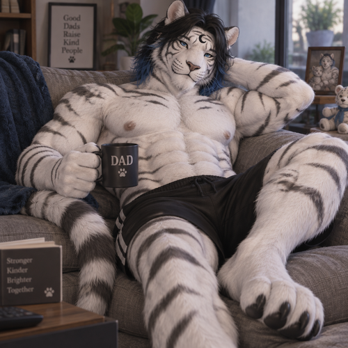  male white tiger, short black hair down to the neck with blue tips, digitigrade footpaws with four toes, relaxing, shirtless, dad, black shorts, waxing black crescent on forehead, blue eyes