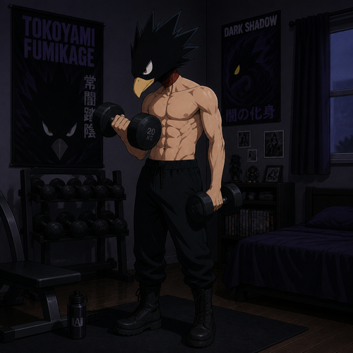 Tokoyami Fumikage wearing black sweatpants, black combat boots and shirtless. Lifting weights in his room.
