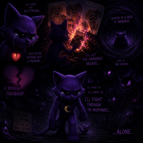 In Smiling critters verse, Catnap with feelings hurt and tears with anger and a heart broken, wants to forget about his ex-friend DogDay and let his memories ablaze. Trapped Into a void of darkness like a bad dream. A broken friendship. Moving/carry on and fight through the horrifying threats alone.