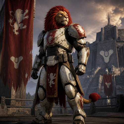 A young male Lion with a red mane standing tall and proud. Wearing Titan armor from Destiny 2.