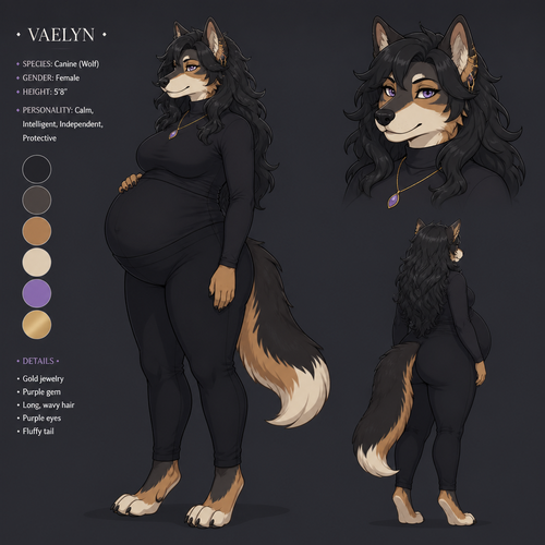 Anthropomorphic female canine character from the reference, fully clothed in a dark fitted outfit with a high neckline and covered torso. Same face, fur colors, hairstyle, ears, tail, jewelry and overall character design. Clearly pregnant with a large rounded belly, natural pregnant body proportions. Neutral relaxed standing pose, side three-quarter view, character reference art, non-sexual presentation, focus on character design and pregnancy silhouette.
