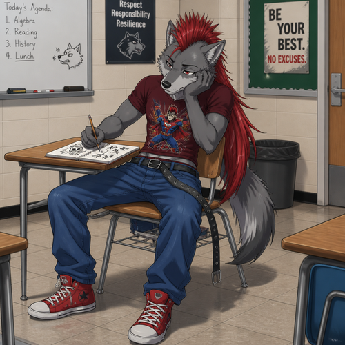 A middle school aged male grey wolf wearing blue jeans with an unbuckled belt, tight maroon shirt with a superhero in it, red sneakers, and a red Mohawk hairstyle with the hair in the back going to the small of his back. He is sitting at a desk bored doodling in his notebook. Anime art style, full body.