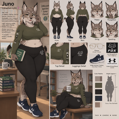 A pretty plump female anthropomorphic Canadian Lynx named Juno, has cheek ruffs and ear tufts like a normal lynx, is wearing a olive green long sleeve crop top and black leggings with a tight waistband thats makes her gut go over the waistband a little, both her crop top and leggings are fox racing brand, wears navy blue and white under armor trainers, wears glasses, her glasses are aviator frames, is a biology teacher, is in a room alone, animated version, reference sheet, one big picture 