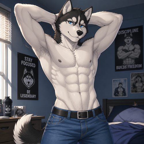A young male husky wearing blues jeans with a belt tight on his waist and no shirt. Has his arms above his head showing off his 8 pack abs. Anime art style