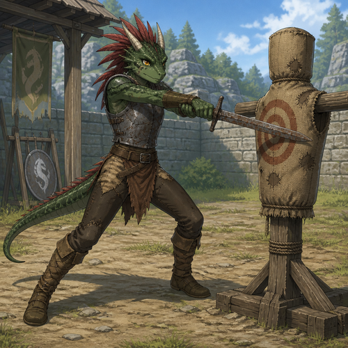A young male dark green Argonian wearing a metal chest plate, hide pants, leather adventuring boots, two spike horns coming out of both sides of his forehead, and red feathers coming out the top and back of his head. He is attacking a practice dummy with a rusty sword. Anime art style, solo, full body.