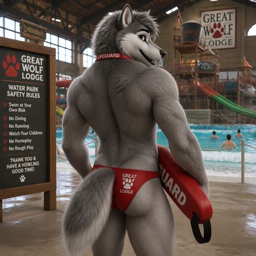 A well-made femboy grown grey Wolf male character who works at the Great Wolf Lodge the water park as a lifeguard. Back view. Wears speedos. Very friendly and has eyeliner.