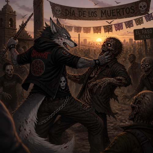 A grown male grey Wolf/Sergal who is fighting the zombie for life in the Day of the Dead universe, in America at the dawn. Animated version. A fan of Slipkot band.