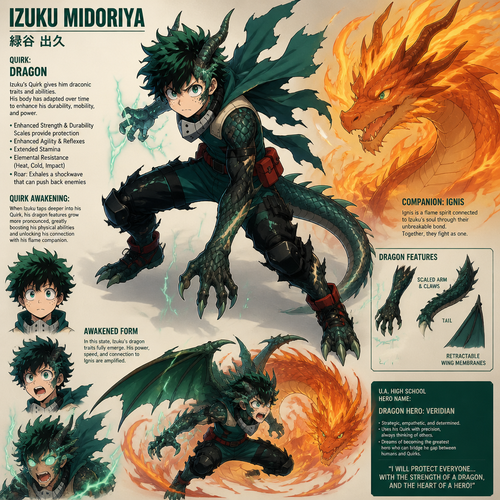 Izuku Midoriya from My Hero Academia with a dragon mutation quirk as well as a connected flame companion.