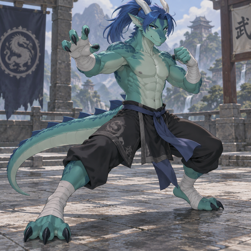 aqua green male anthro dragon with blue anime hair in a pony tail, digitigrade feet, three toes each foot, wrappings around hands and feet, fighting pose