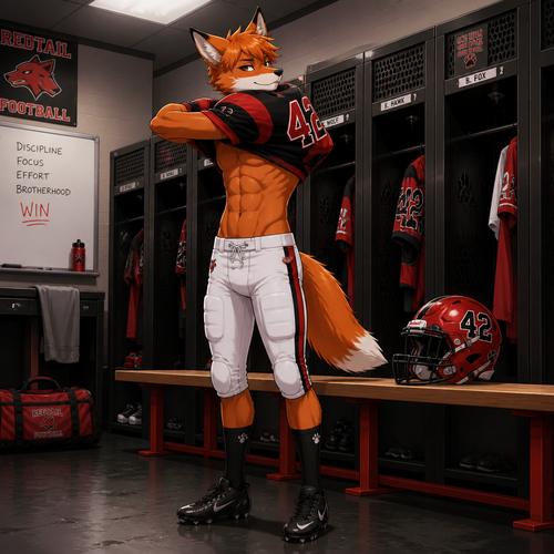 A teenage male fox wearing white football pants, black football shoes standing in the locker room putting on a red and black football jersey. We can see 6 pack of abs as he is putting on the jersey while looking over his shoulder. On a bench between the football lockers lies a red and black helmet with the number 42 on the sides. Anime style, full body.