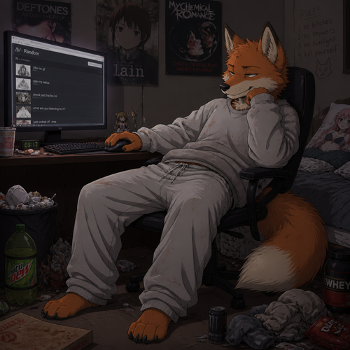 A male gooner fox wearing dirty loose grey sweatpants and an oversized sweatshirt. He is sitting at his computer surfing the internet. Anime art style, full body.