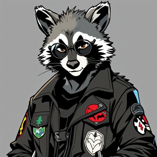 Raccoon Fursona, he’s roughly 5’10” . Normal grey and black coat of a raccoon. But with some reddish fur under his grey eyes. He wears round reading glasses, and has a cartilage piercing in his right ear. Commonly found wearing his signature leather jacket covered in band patches. He’s got a long fluffy raccoon tail.
