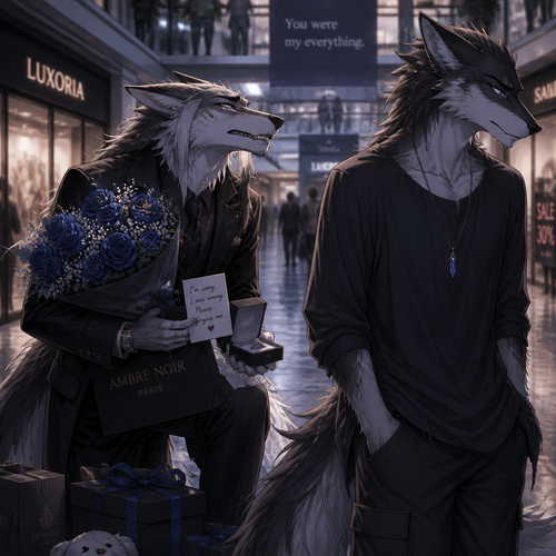 An arrogant billionaire male Sergal who brought gifts and flowers for an apology for the things he did/said by regret while begging forgiveness to an ex-boyfriend male Sergal that wears a necklace who’s not rich enough yet unhappy mood while looking away at the mall. A sad ending anime.