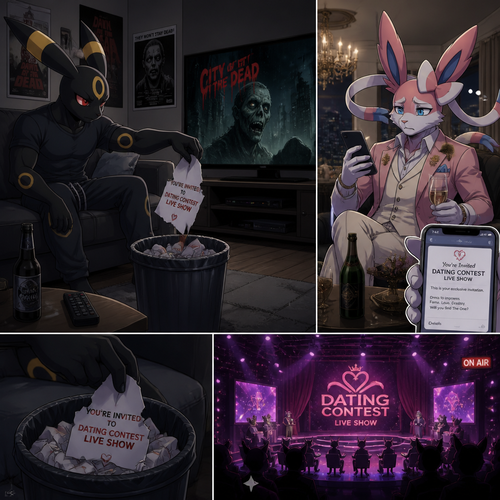 In a anthro Pokemon universe. A grown non-rich Umbreon male who lives in a apartment alone who’s ripped the envelope that says; your invited to dating contest live show; from the grown wealthy Sylveon male (the Barron) and then put it on a trash while continues to watch a zombie horror movie on television, while the Barron feels something is not right and didn’t shown while the live show starts (sadly or is). A well-made animated modern life version.