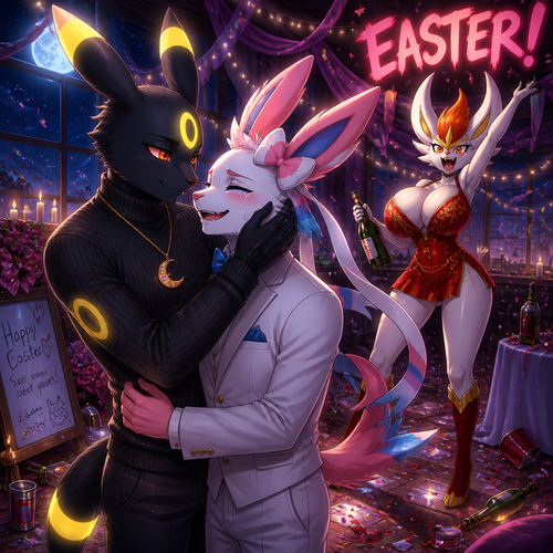 In a anthropomorphic universe, on today’s Easter in spring, an male Umbreon that wears a sweater and a well-made elegant moon pendant necklace that forgave a male Sylveon that wears an elegant suit with tears of joy while a crazy busty female Cinderace is having a blast and shouts EASTER! At night in a party who’s been wrecking up a place and everyone already left behind a beautiful romance.