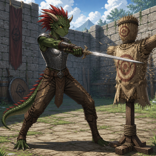 A young male dark green Argonian wearing a metal chest plate, hide pants, leather adventuring boots, two spike horns coming out of both sides of his forehead, and red feathers coming out the top and back of his head. He is attacking a practice dummy with a elegantly designed sword. Anime art style, solo, full body.