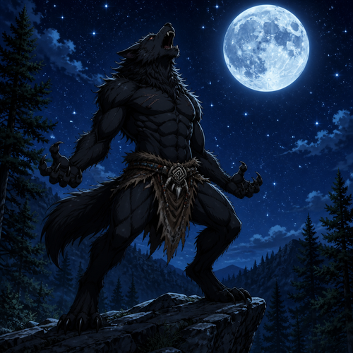 Male black werewolf wearing a tribal loincloth. It is nighttime in a forest with a full moon in the night sky with stars brightly shining in the sky. The werewolf is howling at the moon. Anime art style.